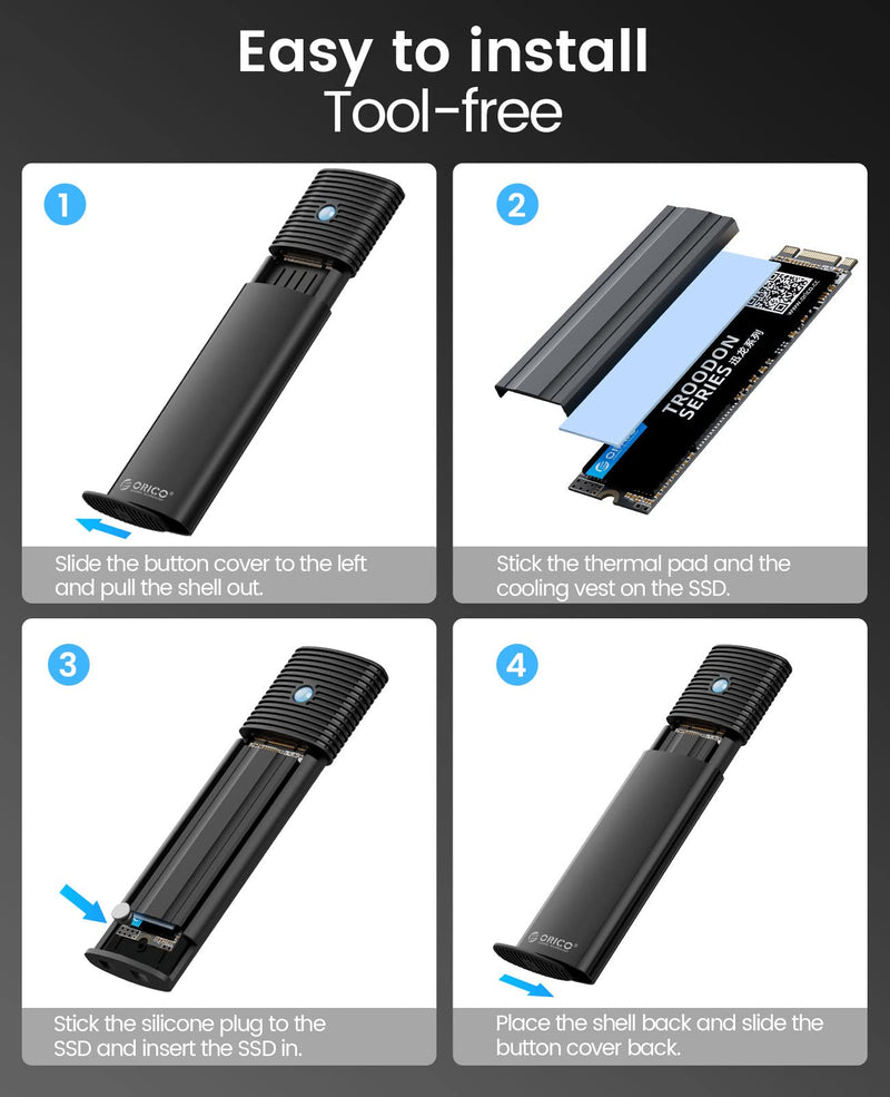 ORICO Dual M.2 NVMe SSD Enclosure, USB C to M2 Adapter for M Key PCIe 2230/2242/2260/2280 M.2 SSDs,Tool-Free Installation Aluminum M.2 Reader Support Trim and UASP up to 2x4TB
