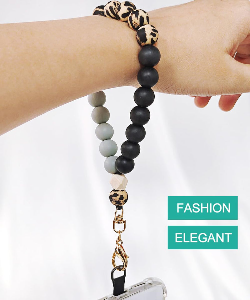 Marble Silicone Beaded Phone Wrist Strap, Cellphone Lanyard with Tether Tab, Elastic Hands-Free Wristlet Bracelet Leopard Print