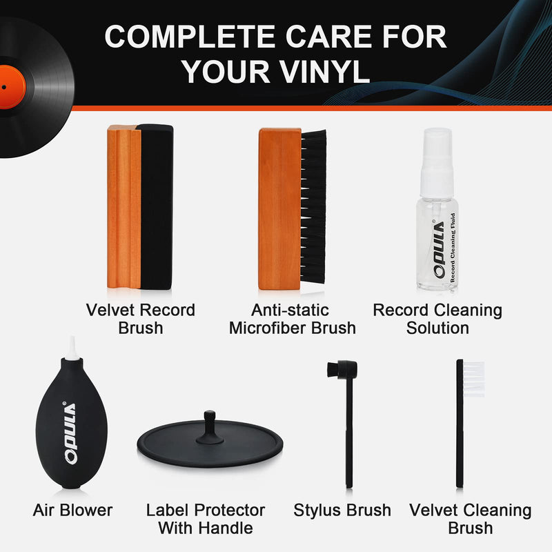 Vinyl Record Cleaner, 7-in-1 Record Cleaning kit - Soft Velvet - Nylon Microfiber Brush - Cleaner Fluid - Label Protector - Air Blower Cleaner - Stylus Brush - Brush for Velvet for Records Albums