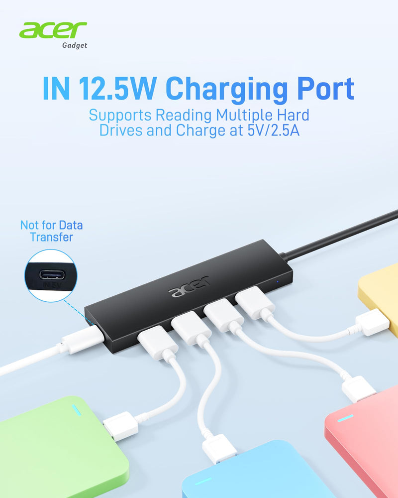 Acer USB Hub 4 Ports, Multiple USB 3.0 Hub, USB A Expander for Laptop with USB C Power Port, USB Extender for A Port Laptop, Windows, Linux, Acer PC, and More (4ft) 4ft USB-A 3.0