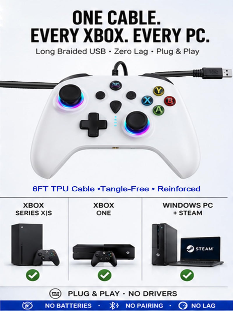 Enstixsm Wired Controller for Xbox,Turbo Macro,RGB Light,Gaming,White | No Drift Joystick,1000Hz Polling Rate,Vibration,3.5mm Audio Jack,Steam Remote Gamepad for Xbox One,Series X,S ,PC,Plug Play White