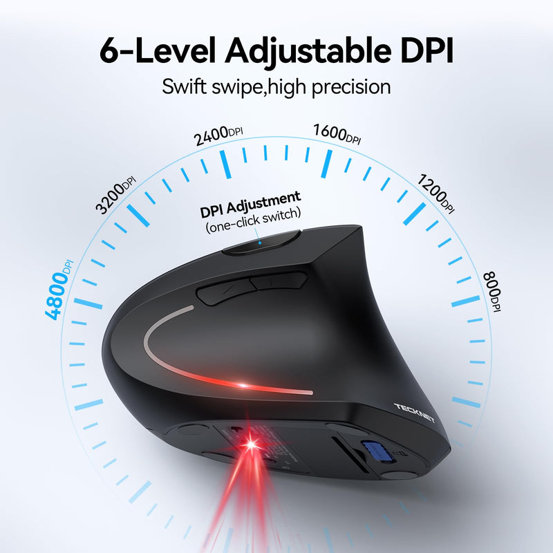 TECKNET Ergonomic Mouse, Wireless Bluetooth Vertical Mouse, 4800 DPI Silent Mouse with 6 Adjustable DPI Levels, 2.4GHz Optical Mouse, 6 Buttons Wireless Mouse for Laptop, Desktop, PC, MacBook Black