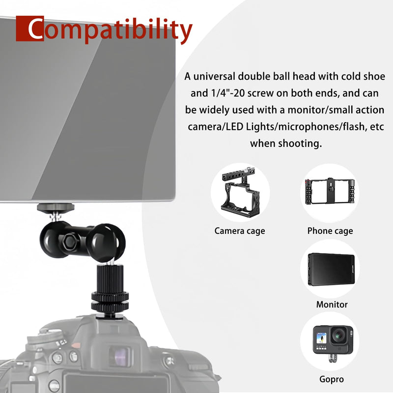 [AUSTRALIA] - 1/4" Screw Double Ball Head Magic Arm, Camera Hot Shoe Mount Adapter, Double Nut with 1/4" and 3/8" Aluminum Alloy Tripod Screw Flash Shoe Mount for Microphone, Monitors, LED Light 