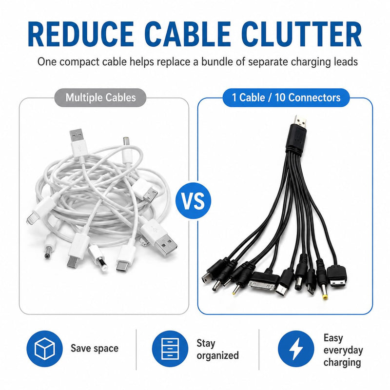 10-in-1 USB Charging Cable Adapter, Multi-Device Universal Charger with 10 Ports, Compatible with Phones, Tablets, Speakers, MP3/MP4 Players