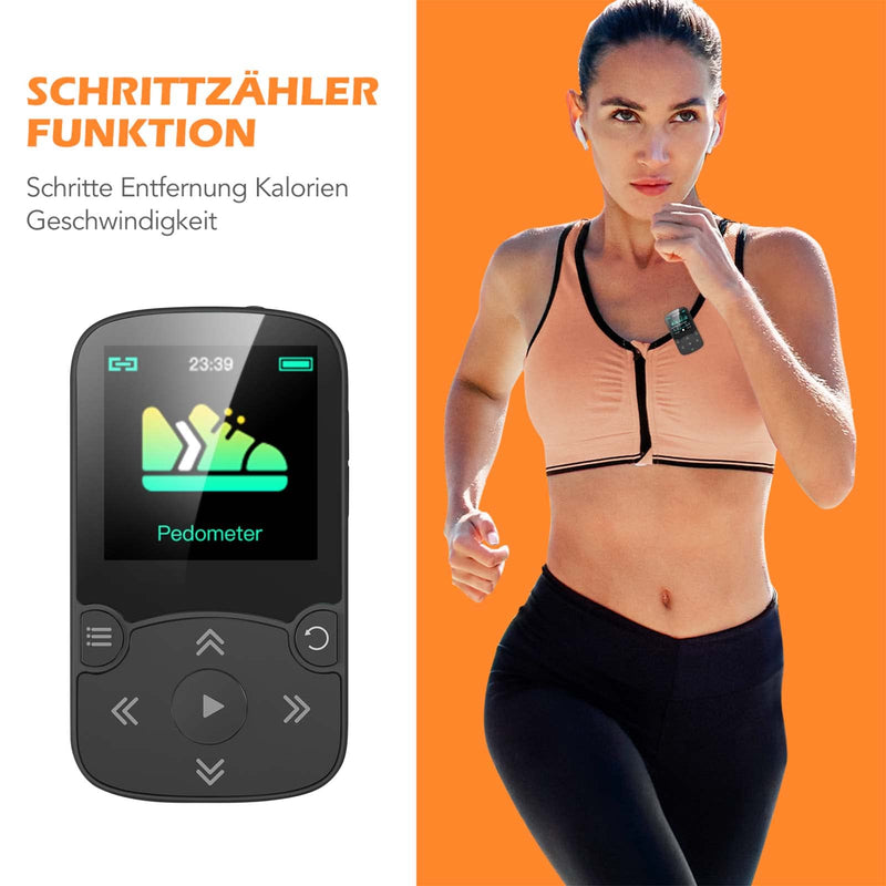 AGPTEK 32GB MP3 Player with Clip, Bluetooth 5.3 Lossless Sound with FM Radio, Voice Recorder for Sport Running, Supports up to 128GB TF Card, Black