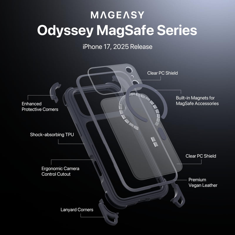MAGEASY Odyssey MagSafe Crossbody iPhone Case with Strap for iPhone 17 Pro Max 6.9", 20ft Drop Protection, TPU Leather Shoulder Phone Carrying Case with Adjustable Lanyard (Midnight) Midnight