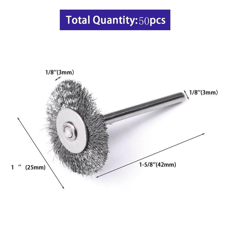 ATOPLEE Wire Wheel Brush Set,50pcs 1 inch/25mm Mini Wire Wheel with 3mm Round Shank,Alloy Steel Crimped Wire Brush Wheel for Cleaning Rust,Paint, Stripping and Abrasive,for Drill Attachment 50
