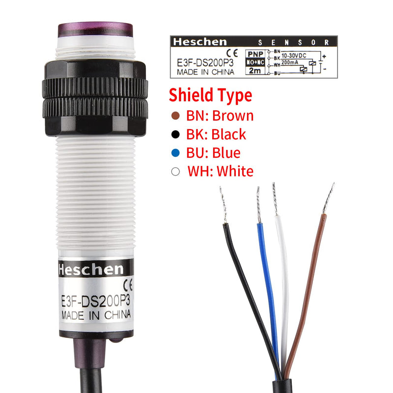 Heschen M18 Column Infrared Photoelectric Proximity Switch, Diffuse Reflection Type, E3F-DS200P3, Detection Distance 10-200CM, 10-30VDC 200mA, PNP NO+NC, 4 Wire