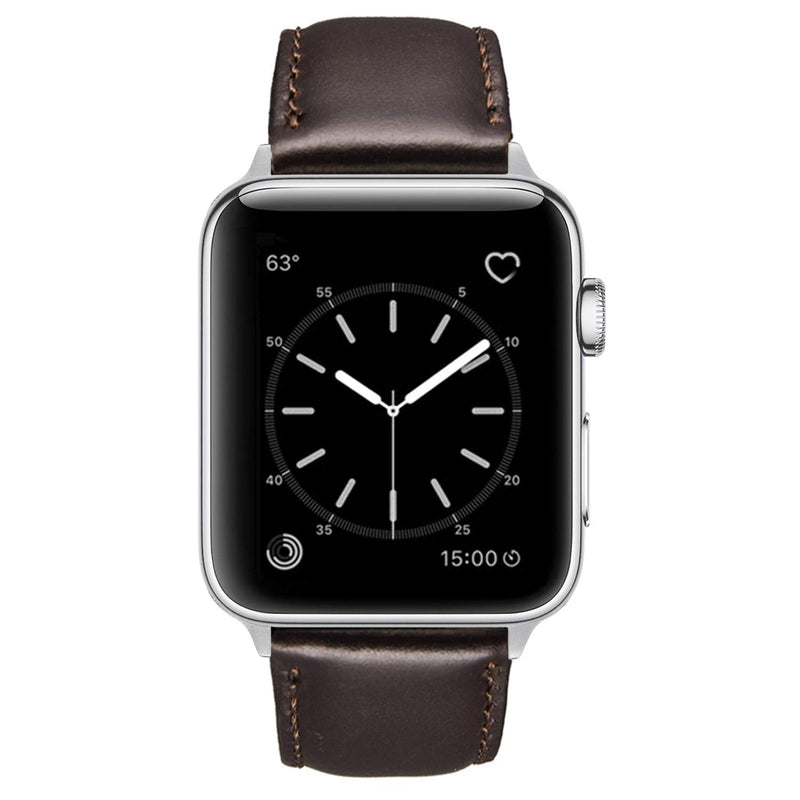 Speidel 38/40/41 and 42/44/45mm Genuine Luxury Black OR Brown Leather Band with Stainless Steel Adapters and Buckle Compatible for use with the Apple Watch. 38mm/40mm Brown w/Silver Adapter