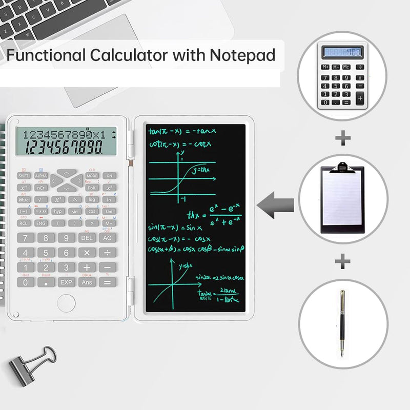 [AUSTRALIA] - 2 in 1 Scientific Calculator with Writing Tablet, Desktop Pocket LCD Science Calculator Notepad Professional Financial Calculator for Home School Office Business(White) White 