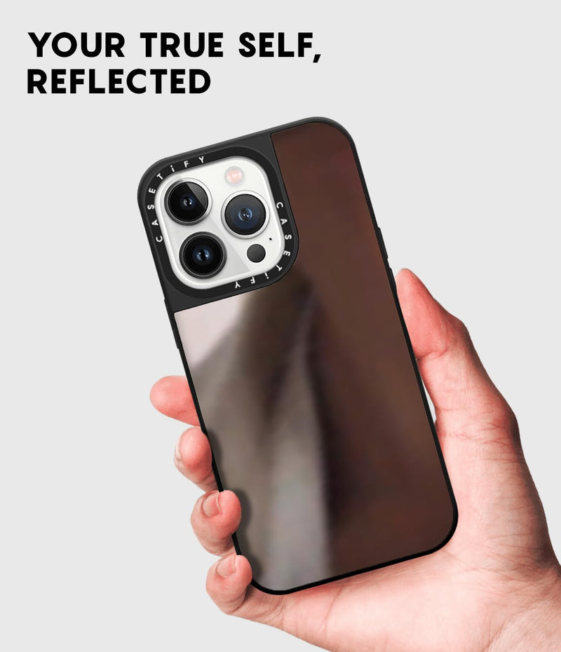 CASETiFY for iPhone 15 Plus Case - Mirror Compatible with MagSafe | Spider Man CoLab | Reflective | 4.9 ft. Drop Protection | Spider-Man Newspaper Sticker Case | Silver On Black 15 Plus Magsafe Mirror
