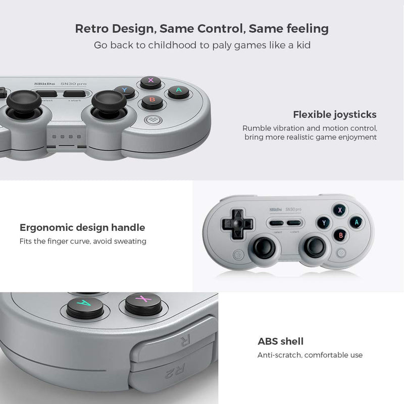 8Bitdo SN30 Pro Wireless Bluetooth Controller with Joysticks Rumble Vibration USB-C Cable Gamepad Compatible with Switch,Windows, Mac OS, Android, Steam (Gray Edition)