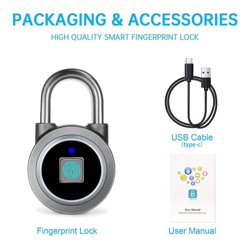Fingerprint Padlock, Bluetooth Lock, Mobile APP, MEGAFEIS Smart Padlock with Keyless Biometric, Water Resistant, Suitable for Gym, Sports, Bike, School, Locker and Storage(Grey) Gray