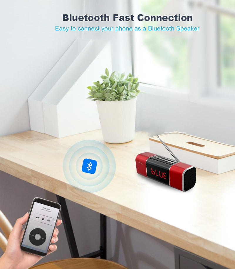 SEMIER Small Digital FM Radio with Bluetooth Speaker, Portable Rechargeable USB/SD Card MP3 Player Radio with Wireless Speaker and Headphone Jack for for Home/Outdoor Red