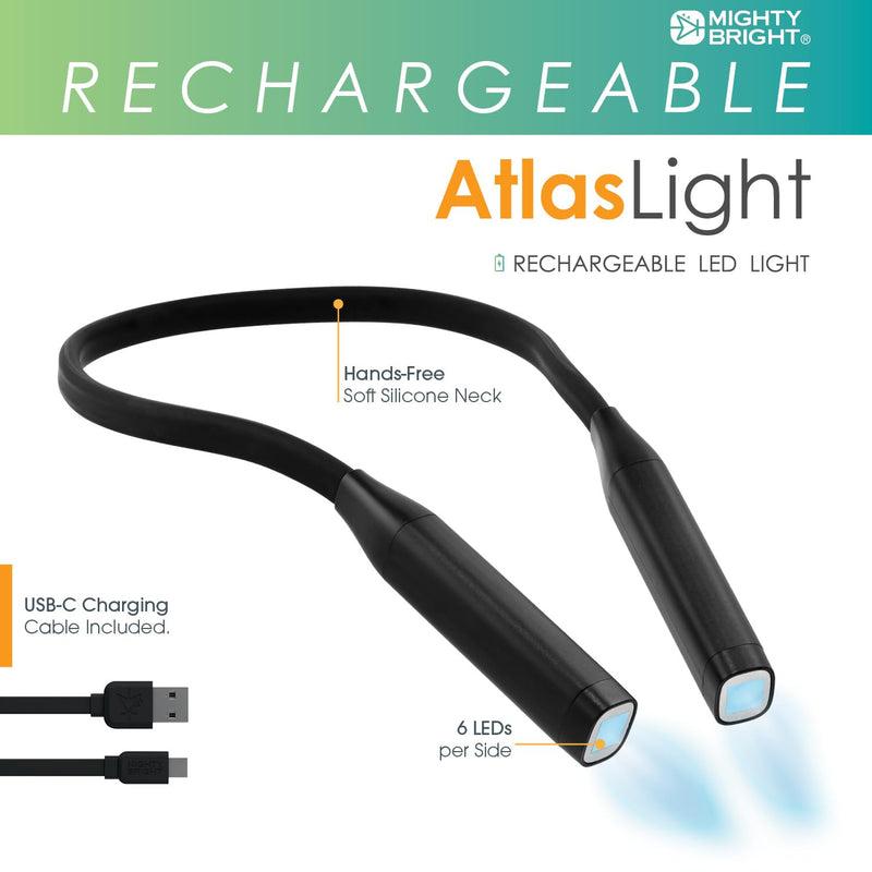 Mighty Bright Atlas Rechargeable Neck Light, 12 LED, 3 Color Temperatures, USB-C Charging Cable Included (Black) Black