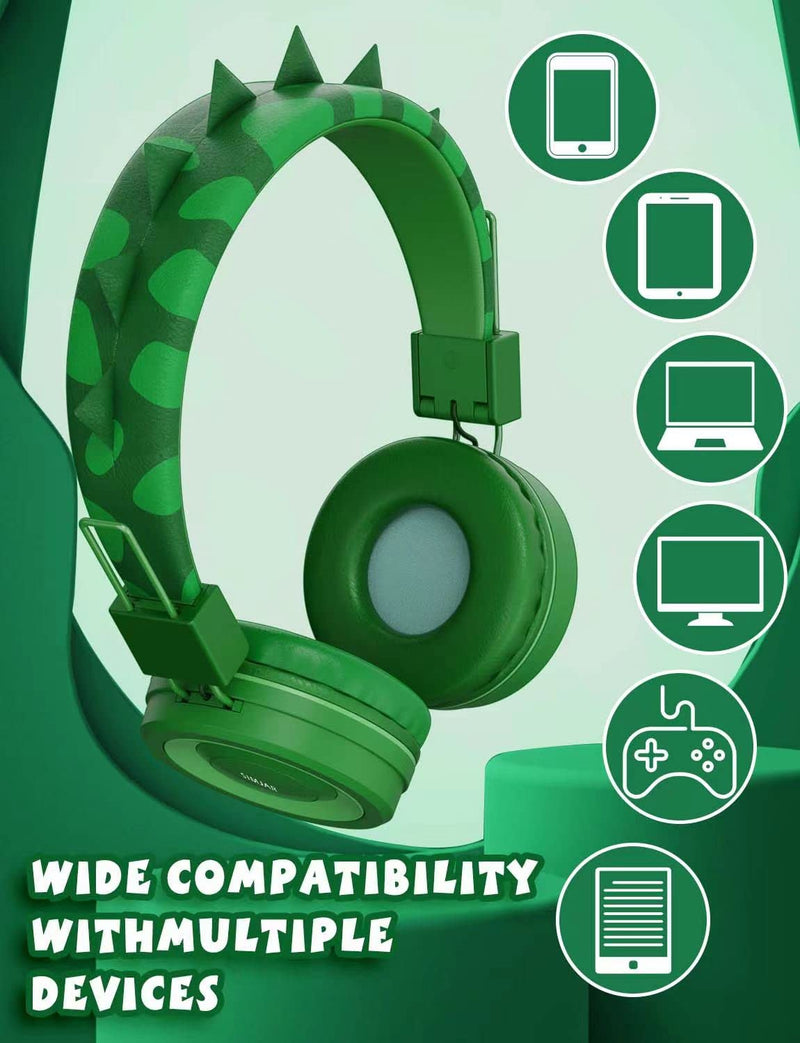 SIMJAR Dinosaur Kids Headphones with Microphone for School, Volume Limiter 85/94dB, Over-Ear Girls Boys Headphones for Kids with Foldable Wired Headphones for iPad/Travel/Tablet Green