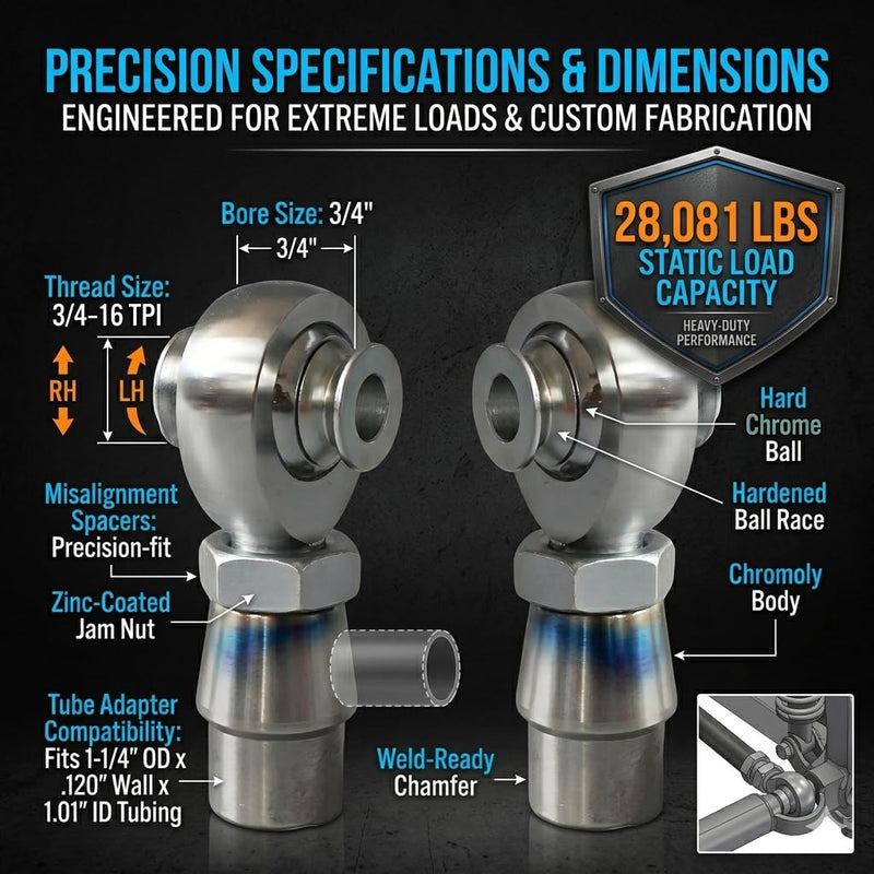 [AUSTRALIA] - Heavy Duty 3/4" Heim Joints Kit, 28,081 lbs Load Chromoly Rod End Set for Panhard Bar, Traction Bars & Steering Linkage, 3/4-16 RH/LH Thread with 1.25" OD Tube Adapters & Misalignment Spacers - 1 Set 3/4-16(RH+LH) Style D 2 