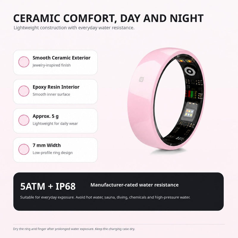 Smart Ring for Women and Men, Sleep & Fitness Tracker, NFC, Pink Size 8 | Screen-free ceramic smart ring for sleep, activity, heart-rate and blood-oxygen trends, with NFC and 3–5 day battery life. #8