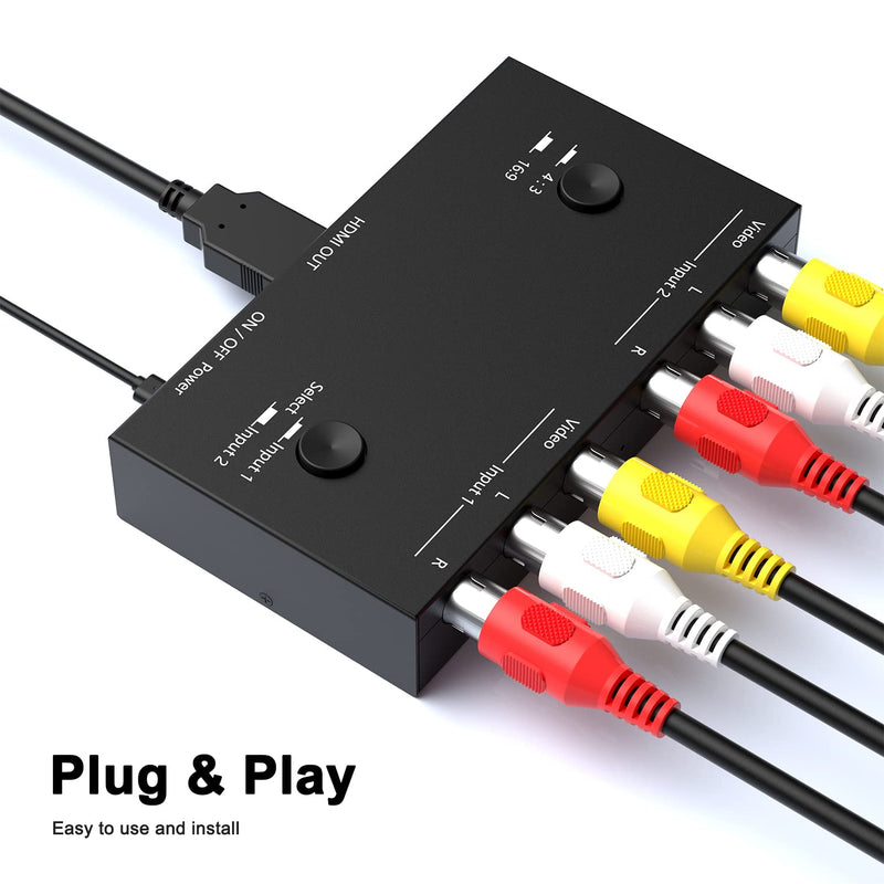 2 AV to HDMI Converter, 1080P/720P 2 Port RCA Composite CVBS AV Switch to HDMI Converter Adapter Support 4:3/16:9 Switching, for TV PC PS2 PS3 N64 NGC SNES WII VHS VCR Camera DVD-Black 2AV to HDMI Converter