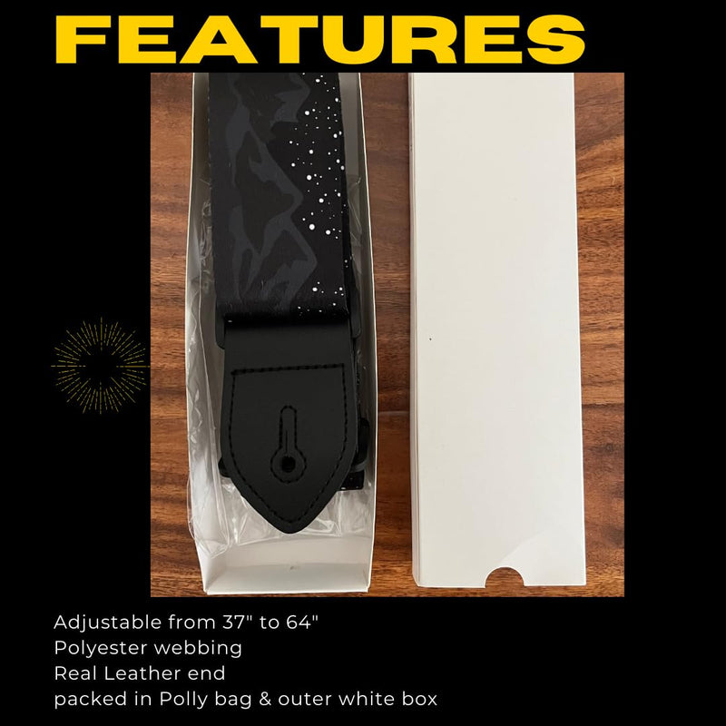 [AUSTRALIA] - Generic Midnight Mountain Star Guitar Strap, Polyester Webbing strap with Genuine Leather Ends., Black 