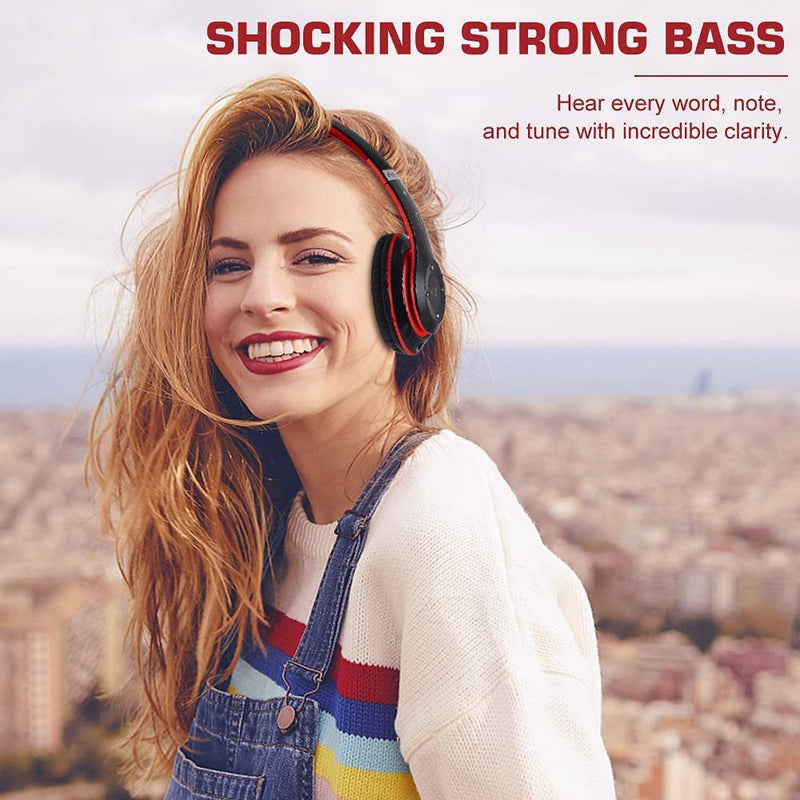 6S Bluetooth Headphones Over-Ear, Hi-Fi Stereo Foldable Wireless Stereo Headsets Earbuds with Built-in Mic, Volume Control, FM for iPhone/Samsung/iPad/PC (Black & Red) Black & Red