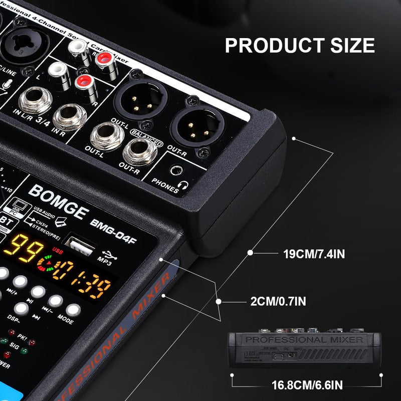 [AUSTRALIA] - BOMGE 4 Channel mini DJ Audio Sound Mixer Interface with MP3、 USB, Bluetooth, Stereo Recording, 48V Phantom Power, 99 DSP for karaoke, performance, church singing, podcas streaming BLACK-04F 