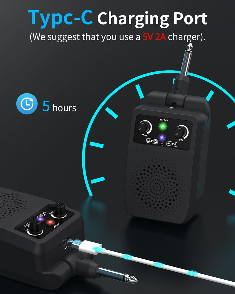 JOYO Mini Guitar Amp 5W Portable - Rechargeable Bluetooth Combo Amplifier with Built-in Effects (Clean, Overdrive, Distortion, Reverb) Compact Practice Amp for Electric Guitar Plug in, Black (JA-05G)