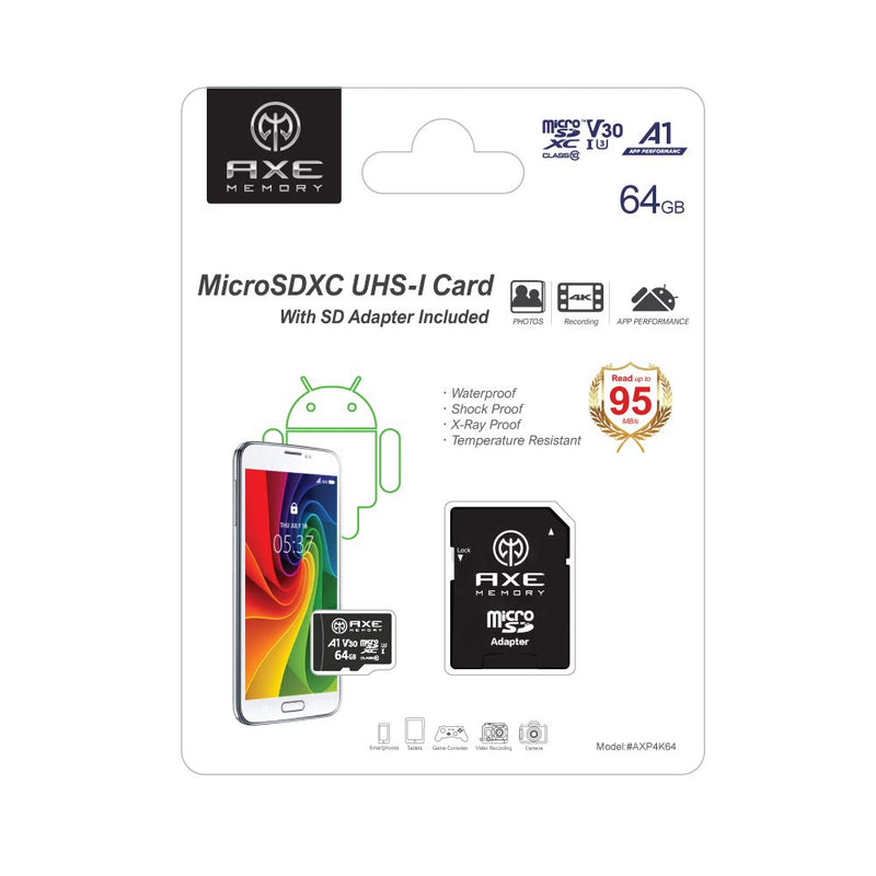 AXE MEMORY 64GB microSDXC Memory Card + SD Adapter with A1 App Performance, V30 UHS-I U3 4K Black - A1 High Speed 64 GB