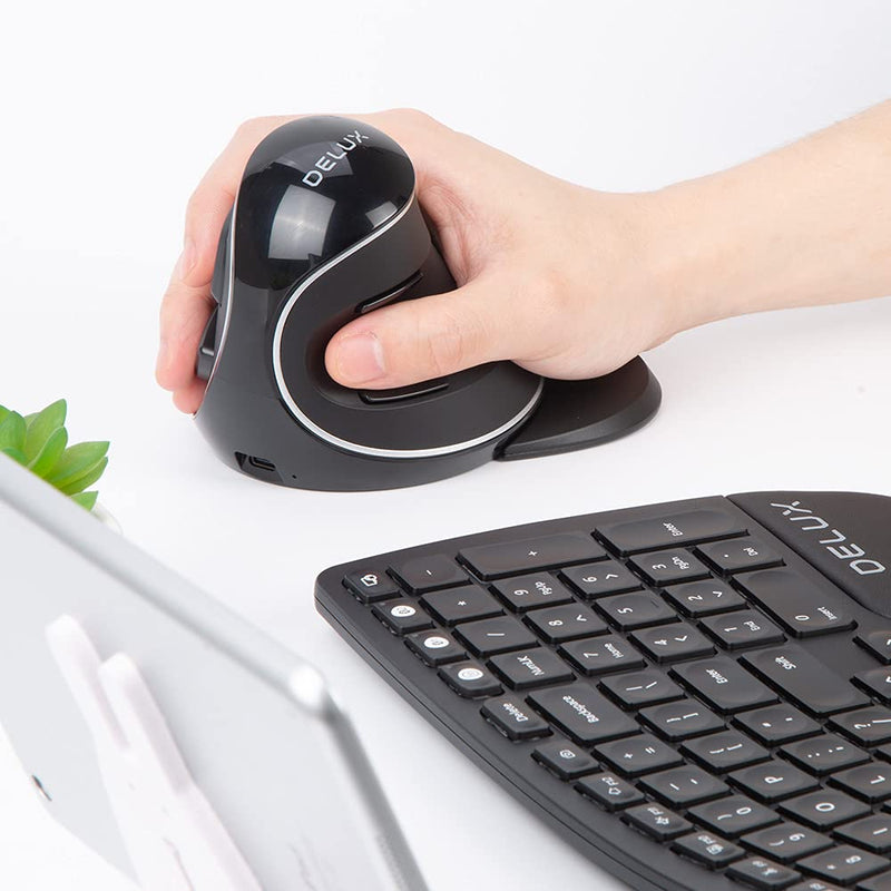 DELUX Wireless Ergonomic Mouse with 4000DPI, Vertical Mouse with USB Receiver and BT1 + BT2, 6 Buttons and Removable Palm Rest for Laptop Computer and Carpal Tunnel (M618PD-Black)