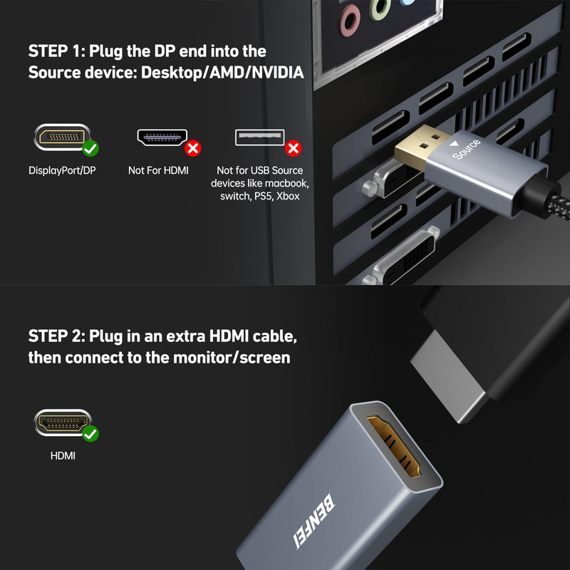 BENFEI 4K DisplayPort to HDMI Adapter Cable, (2K 60Hz, 1080p 120Hz) Uni-Directional Display Port to HDMI Monitor Converter Compatible for HP, Dell, GPU, AMD, NVIDIA, More. Male to Female 1 Grey