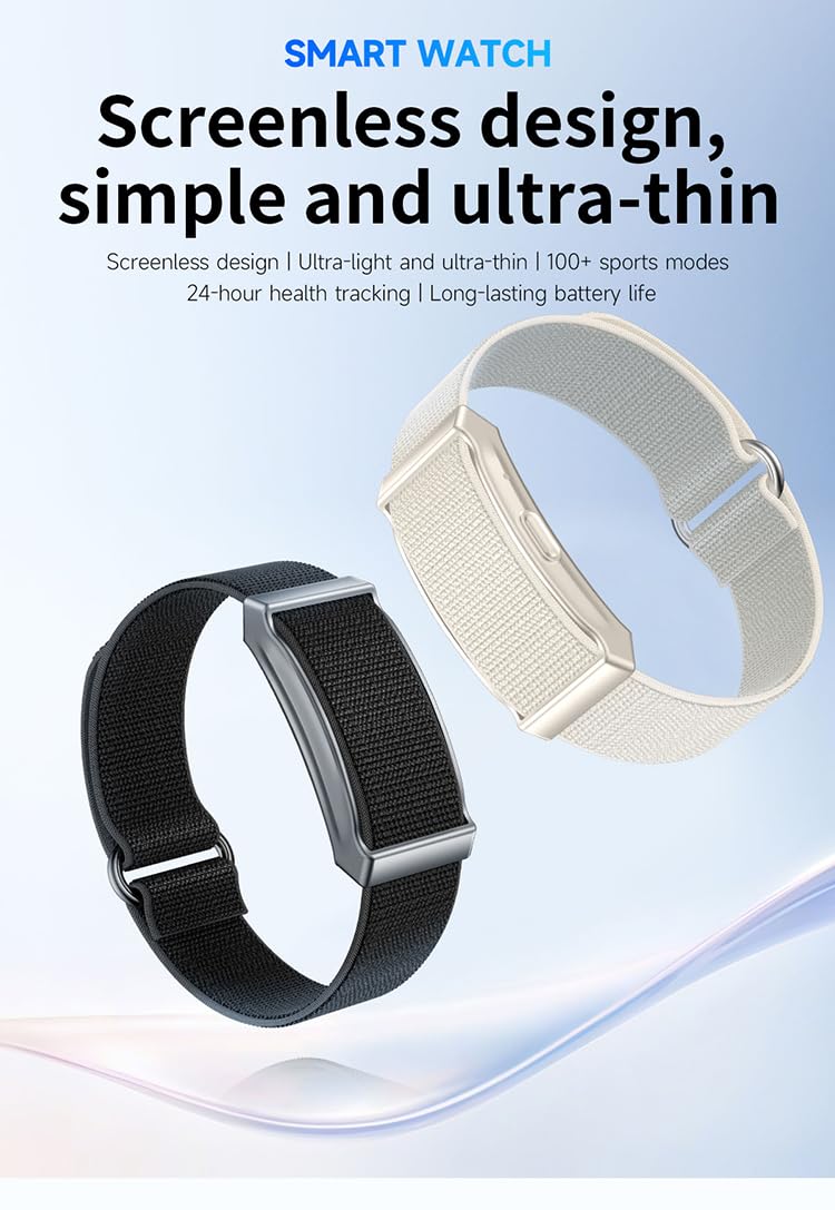 Screenless Health Fitness Tracker for Men Women Activity Watch 24/7 Heart Rate Blood Pressure Sleep HRV Monitor Step Counter Smart Bracelet No Screen Long Battery Life Black