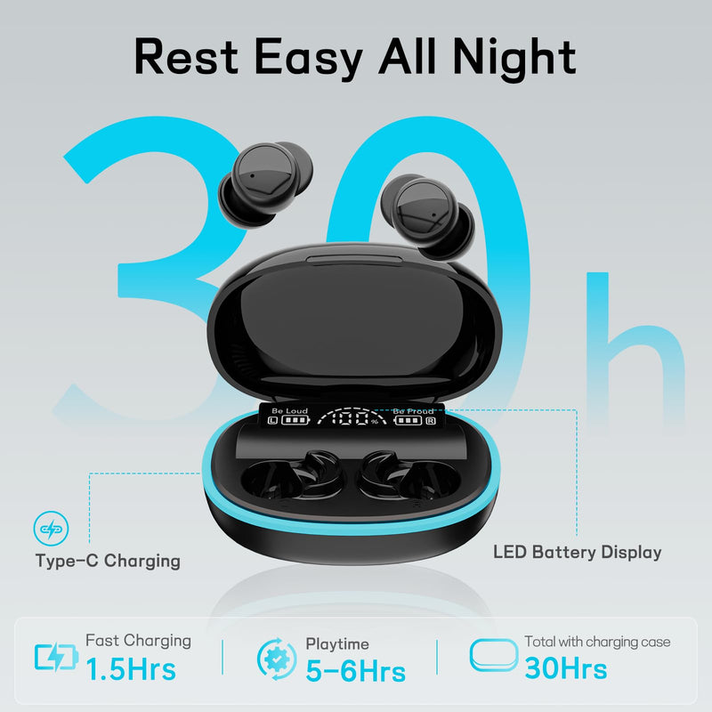 Sleep Earbuds for Side Sleepers, Mini Invisible Bluetooth Earbuds, Ultra-Light Sleep Headphones HiFi Sound, Long Battery Life, LED Display, Bluetooth 5.4, ANC Noise Cancelling, Black