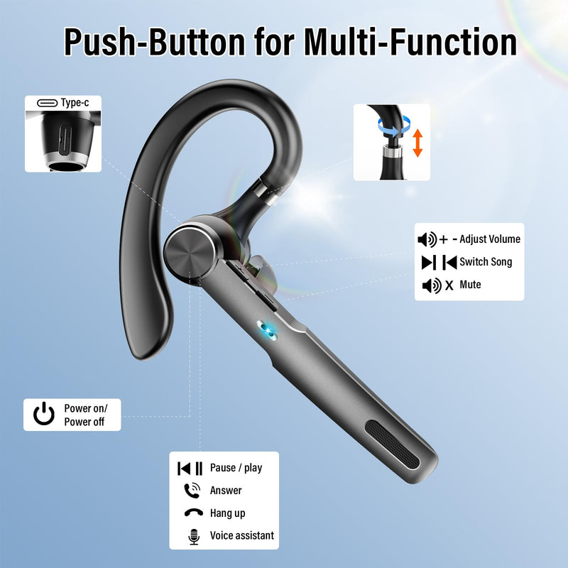 Bluetooth Headset, 2026 Wireless Bluetooth 5.3 Earpiece, 60 Hours Single-Ear Headset with Mute Button, Dual Noise Cancelling Mics, IP7 Waterproof Hands Free Headphone for Trucker, Business, Black