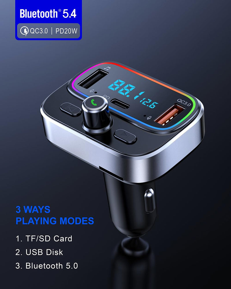 [AUSTRALIA] - Bluetooth 5.4 FM Transmitter for Car Wireless Radio Adapter Kit, Hands-Free Calling Dual Microphone, Fast Charging 18W & PD 20W for All Smartphones Audio Players, Supports TF/SD Card and USB Disk 