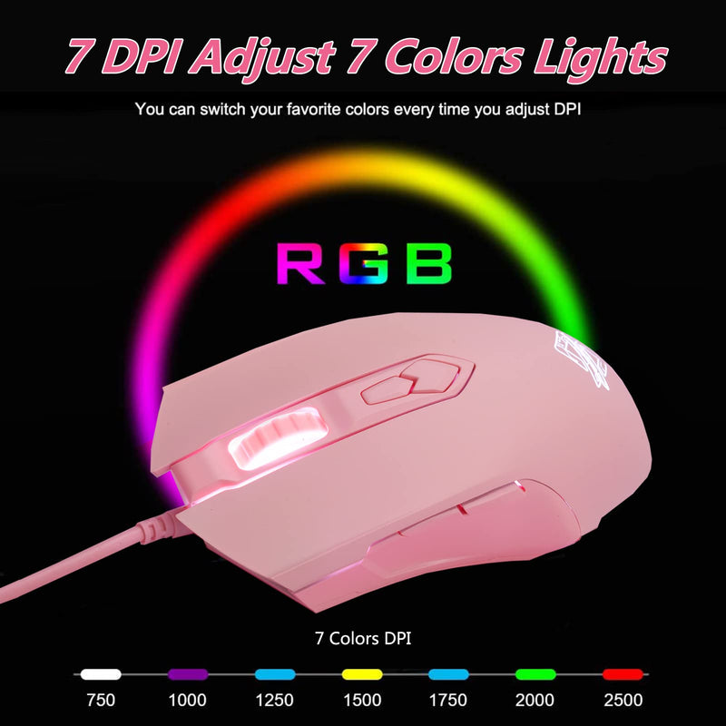 Lomiluskr AJ52 Gaming Mouse Wired, 7 Programmable Buttons, Computer Mice with RGB LED Backlit, 200-4800 DPI Adjustable,for Windows/Mac OS/Linux (Pink) Pink