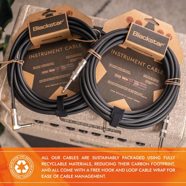 Blackstar 6m (20ft) Instrument Cable Straight ¼” Jack to Angle ¼” Jack for Bass/Electric Guitar/Electro-Acoustic/Keyboard/Amp (BSCABLESTD20FTSA) 20 FT Straight to Angled