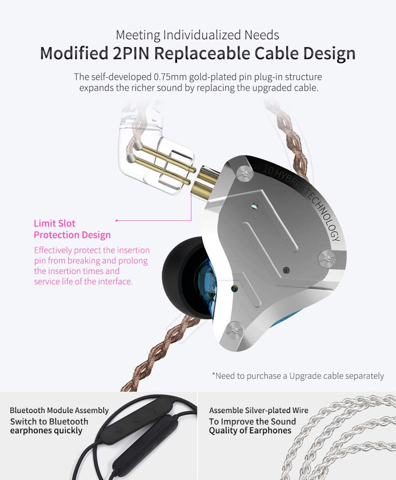 KZ ZS10 Pro in Ear Monitors,4BA+1DD 5 Driver in-Ear HiFi Metal Earphones with Stainless Steel Faceplate IEM Earphones, 2 Pin Detachable Cable
