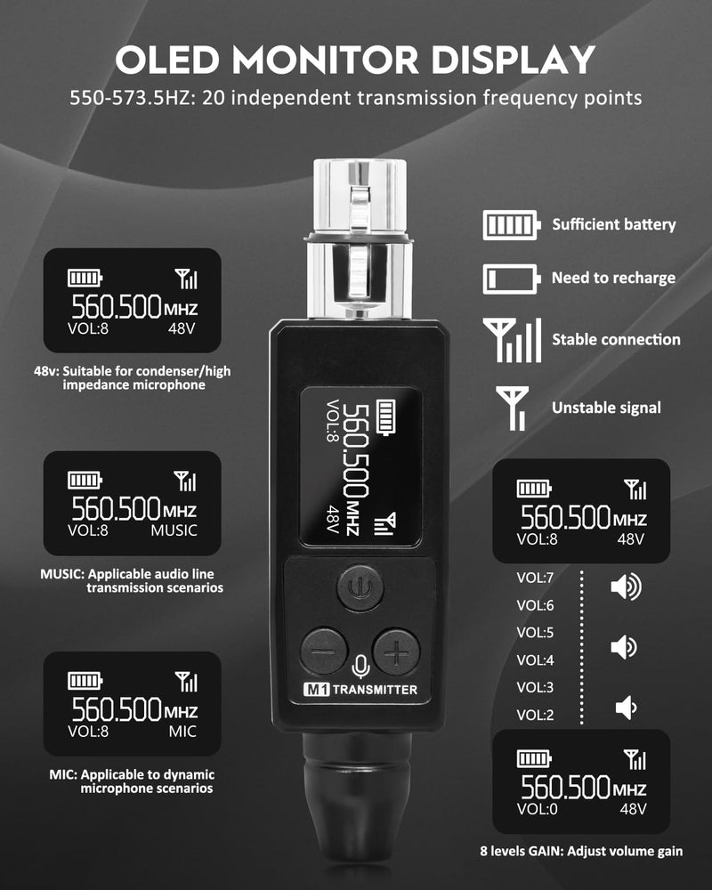 STRICH Wireless Microphone XLR Transmitter and Receiver, UHF Wireless Microphone System Plug-on, Wireless Mic Adapter with 48V Phantom Power for Dynamic Mic, Condenser Mic, Audio Mixer, PA System, M1
