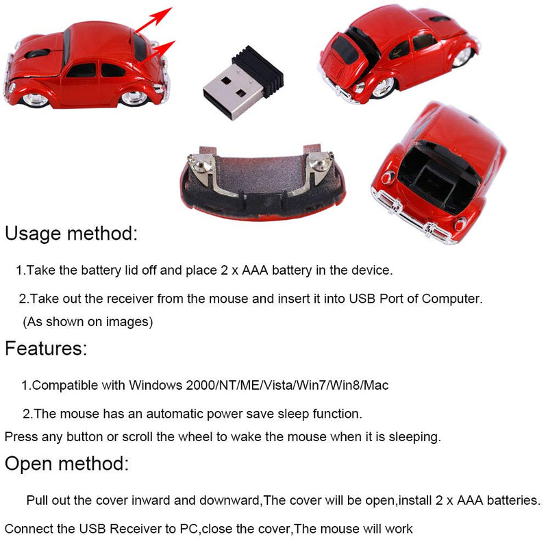 Jinfili 2.4G USB Wireless Car Mouse 1967's Classical Shaped Car Computer Mouse Ergonomic Gaming Mice for Desktop Laptop PC Mac Window 10 Red