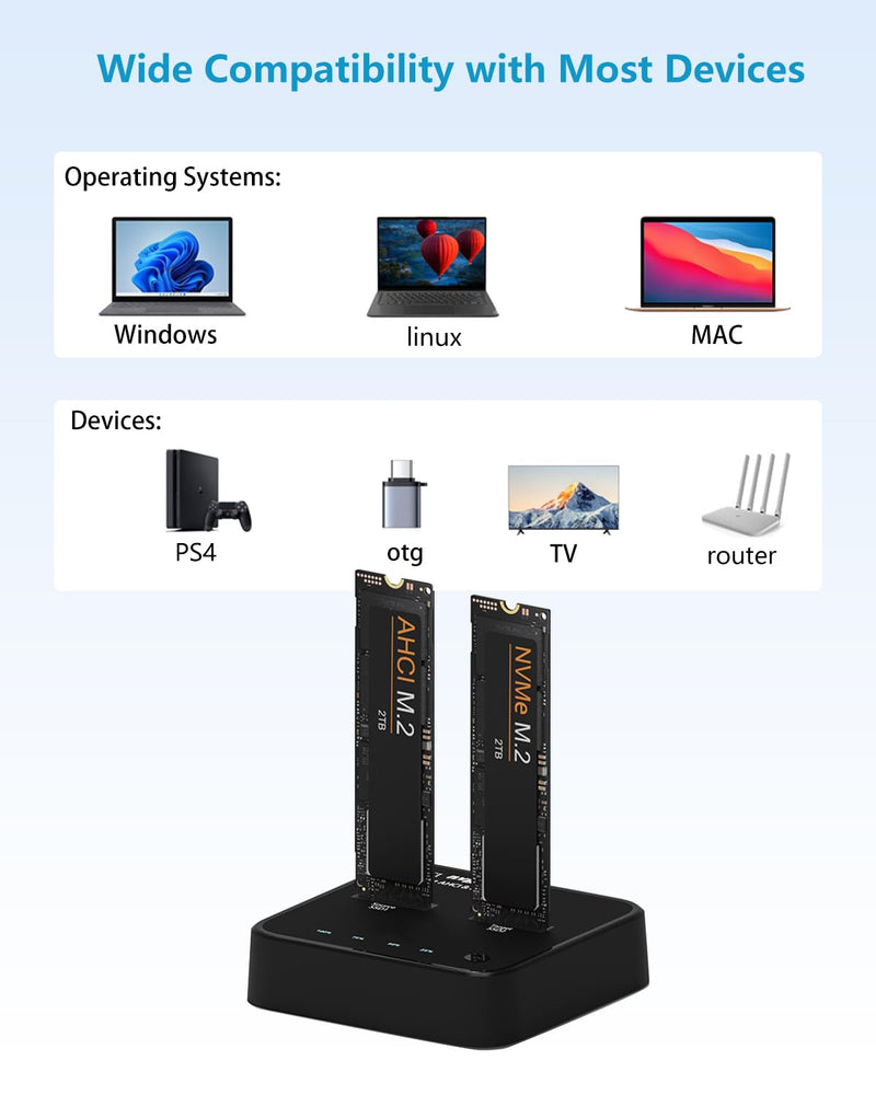 K3016P2 NVMe AHCI Cloner Duplicator, Dual Bay M.2 SSD Docking | 20Gbps, Offline Cloner and Copy Function, SSD Size 2230/2242/2260/2280