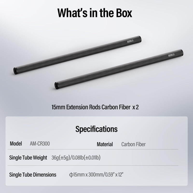 SIRUI 15mm Carbon Fiber Rod, Universal 12"/30cm Camera Rail Rods for 15mm Rod Rail Support System, Follow Focus, Should Rig, AM-CR300, Pack of 2