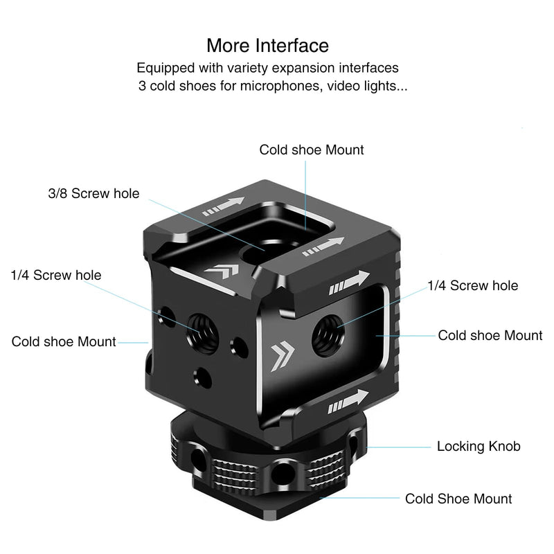 3 Port Cold Shoe Mount with 1/4"-20 Thread for Camera Cage Flash LED Monitor Microphone etc., Aluminum Camera Triple Cold Shoe Extension Bracket Compatible with Nikon, Canon, Sony..DSLR/SLR