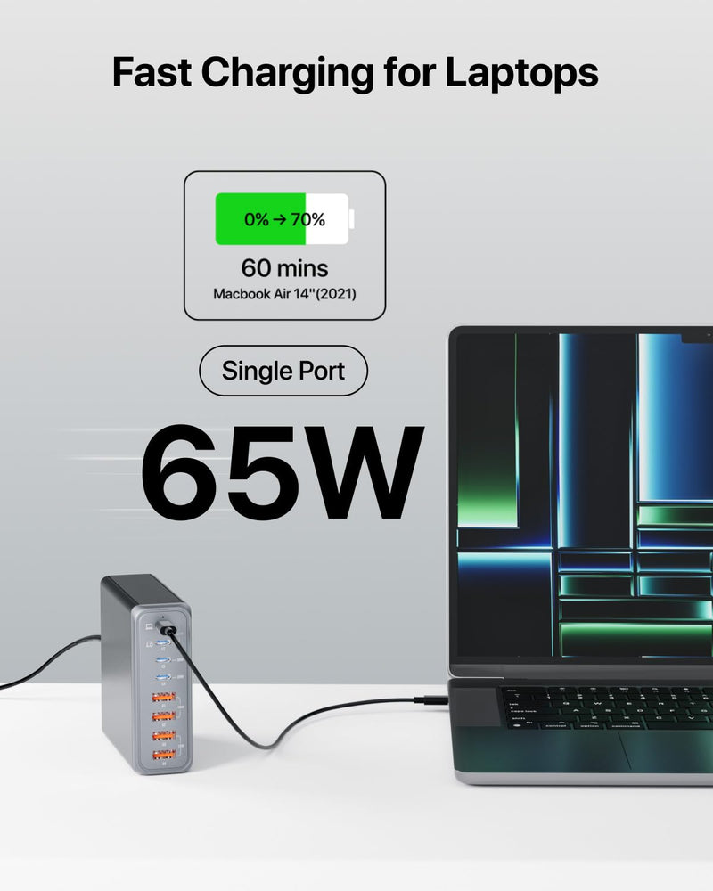 140W USB C Charger 8 Port GaN Charger, Portable Fast USB C Charging Station 65W Laptop Adapter for MacBook Pro/air ipad iPhone 15/Pro Galaxy etc, Travel Essentials (Black) Black