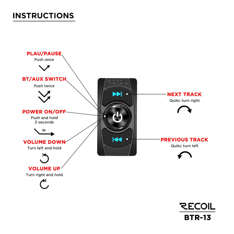 RECOIL BTR-13 Bluetooth Audio Controller Carling Style Switch IPX6 | Waterproof 24-bit HD, Bluetooth 5.1 APTX-HD, Aux Input for UTV ATV Marine Truck Car