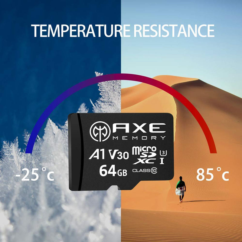 AXE MEMORY 64GB microSDXC Memory Card + SD Adapter with A1 App Performance, V30 UHS-I U3 4K Black - A1 High Speed 64 GB