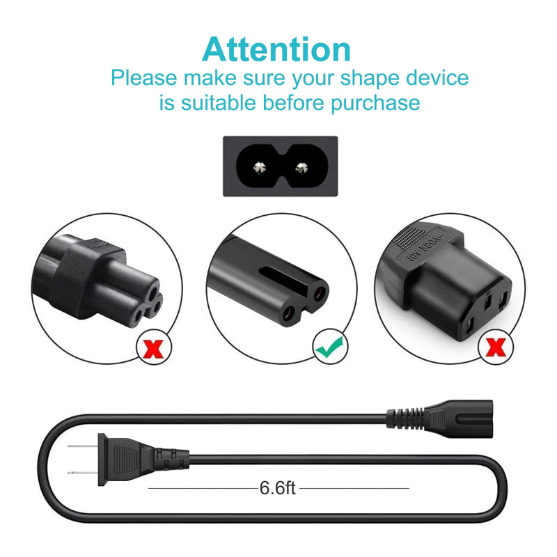 2 Prong Power Cable Cord for TCL Roku Smart LED LCD HD TV 24" 32" 40" 42" 43" 48" 50" 55" 60" 65" 75" 85" Inch TV- TCL Roku TV AC Power Cable Cord Plug A Power Supply Cord Cable Replacement 6.6 Feet 1 Pack