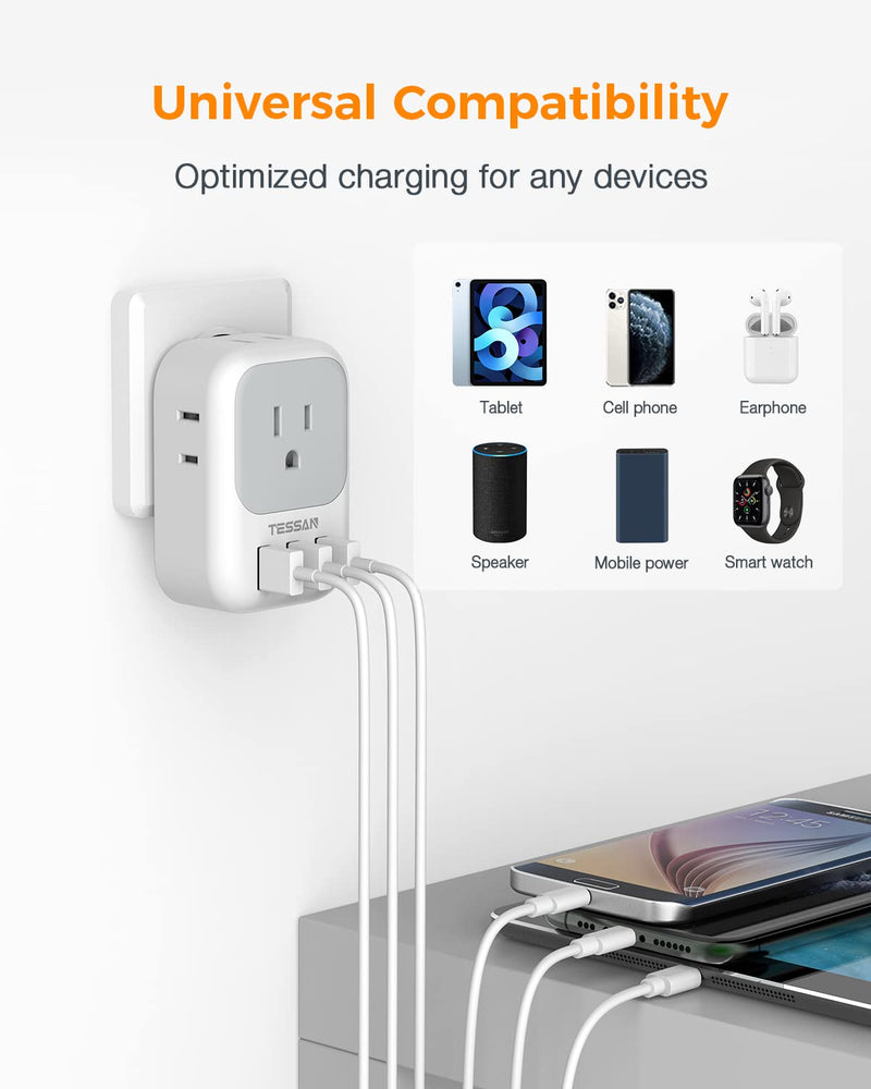 [AUSTRALIA] - USB Charger Block, TESSAN USB Plug Adapter with Electrical 4 Box Splitter 3 USB Wall Charger Ports, Multi Plug Outlet Extender Charging for Cruise, Travel, Office, Dorm Essentials Grey USB-A 