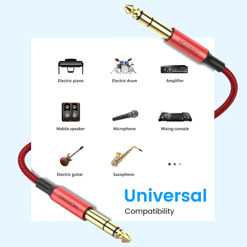 MOSWAG 6.35mm to 6.35mm Stereo Audio Cable 33ft, Straight 1/4" TRS Audio Guitar Male Jack Instrument Lead with Nylon Braided for Electric Guitar, Bass, Amplifier, Mixer, Keyboard, Speaker 32.8FT/10M Red