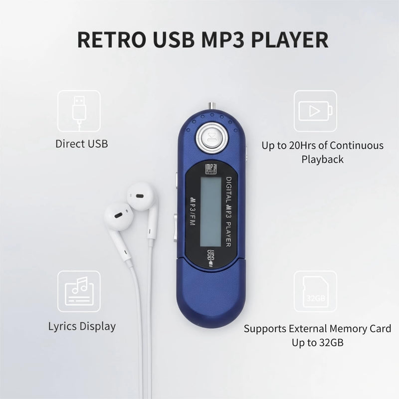 Retro USB MP3 Player, LCD Display Music Player Supports MP3 WMA Formats with Synchronized Lyrics, USB Port, Card up to 32GB Auto Shutdown, Ideal Gifts for Mate (Blue) Blue