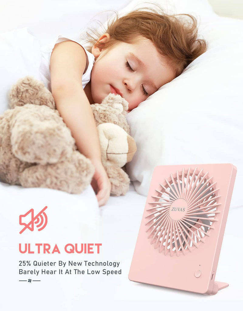 Zuvas Desk Fan Battery Operated Fan Rechargeable 180°Tilt Folding Personal Fan Ultra Quiet Small Portable Fan 3 Speed Adjustable Strong Wind USB Fan For Office Bedroom Home Desktop Camping Peach